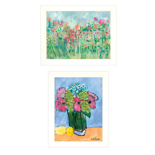 Set Of Two Flower Field Or Bouquet White Framed Print Wall Art (415797)