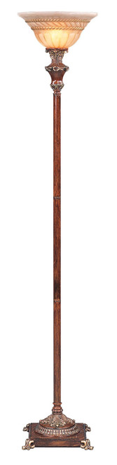 69" Brown Faux Wood Torchiere Floor Lamp With Brown Stained Glass Bell Shade (431805)