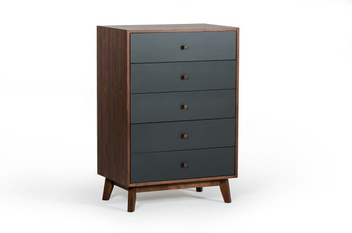 30" Walnut And Charcoal Grey Solid Wood Five Drawer Standard Chest (473069)