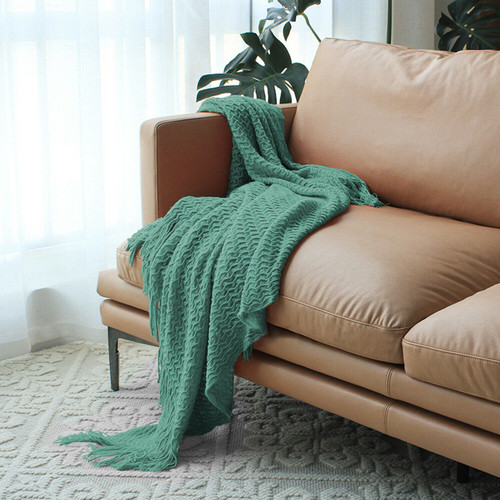 Green Super Soft Knitted Gingham Check Throw Blanket With Tassels (476004)