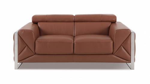 75" Camel Brown Italian Leather And Chrome Love Seat (477561)