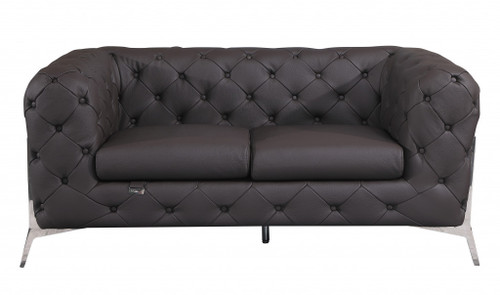 69" Dark Brown Tufted Italian Leather And Chrome Love Seat (477572)