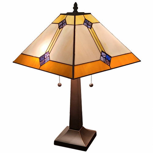 21" Amber Cream And Blue Stained Glass Two Light Mission Style Table Lamp (478120)