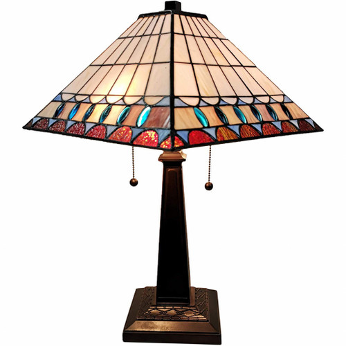 23" White Amber And Teal Stained Glass Two Light Mission Style Table Lamp (478140)