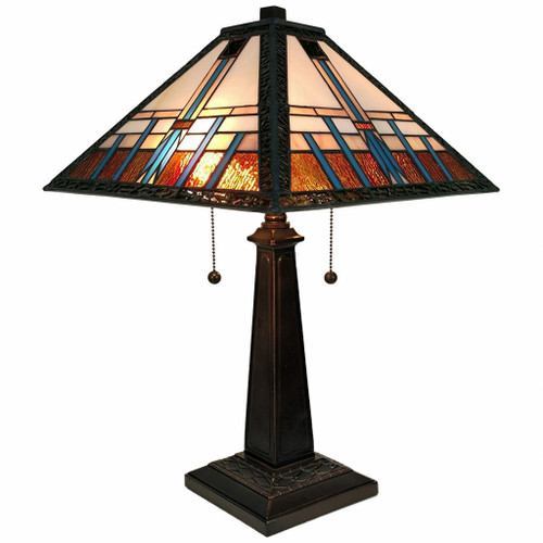 23" Cream Amber And Teal Stained Glass Two Light Mission Style Table Lamp (478141)
