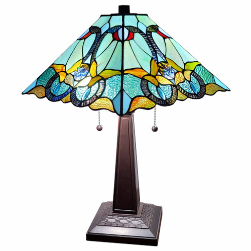 23" Aqua Blues And Amber Abstract Stained Glass Two Light Mission Style Table Lamp (478147)