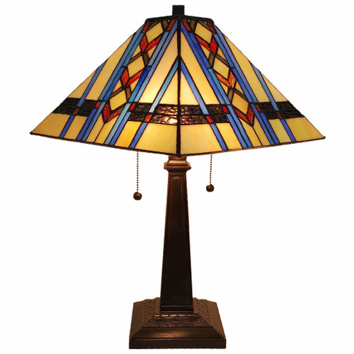 23" Amber Brown And Blue Stained Glass Two Light Mission Style Table Lamp (478153)