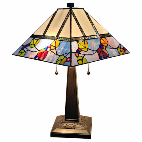 23" Cream And Blue Stained Glass Two Light Mission Style Table Lamp (478155)