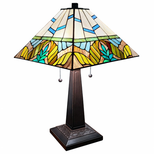 23" White And Aqua Stained Glass Two Light Mission Style Table Lamp (478158)