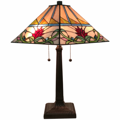 23" Cream And Red Floral Stained Glass Two Light Mission Style Table Lamp (478162)