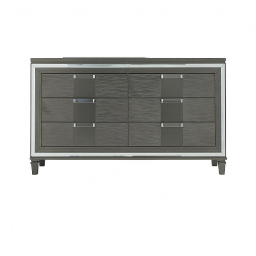 64" Metallic Grey Solid Wood Mirrored Six Drawer Double Dresser (478656)