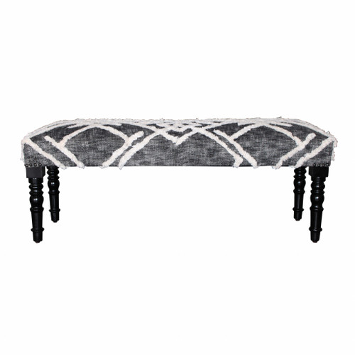 47" Gray And White Geometric Cotton Upholstered Distressed Bench (483465)