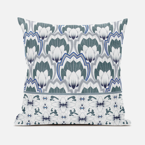 18X18 White Gray Blue Blown Seam Broadcloth Floral Throw Pillow (485369)