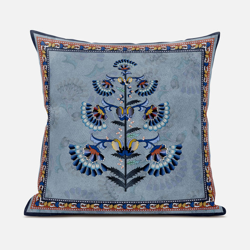 16X16 Gray Blue Red Blown Seam Broadcloth Floral Throw Pillow (485393)