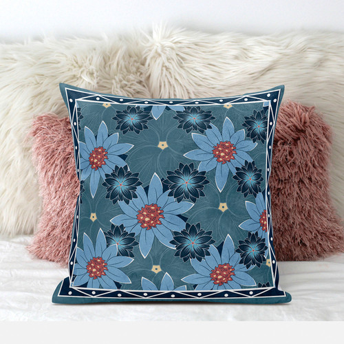 18X18 Blue Red Blown Seam Broadcloth Floral Throw Pillow (485409)