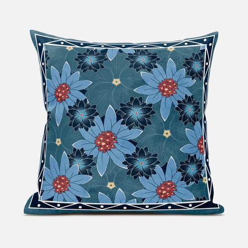 20X20 Blue Red Blown Seam Broadcloth Floral Throw Pillow (485410)