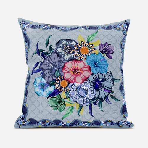 20X20 Blue Pink Gray Blown Seam Broadcloth Floral Throw Pillow (485435)