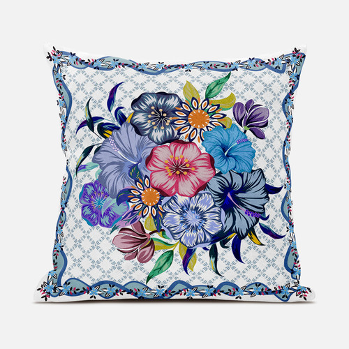 16X16 White Blue Blown Seam Broadcloth Floral Throw Pillow (485448)