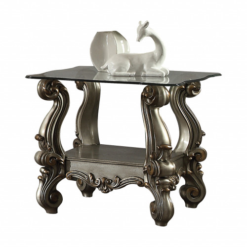 26" Antiqued Platinum Polyresin Scroll And Clear Glass Square End Table With Shelf (485874)