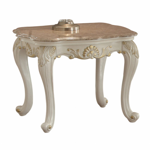 24" Pearl White Brushed With Gold Accents And Light Brown Marble End Table (486368)