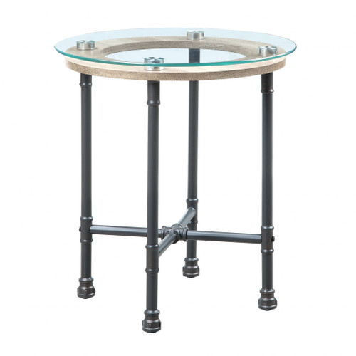 24" Sandy Gray And Clear Glass And Metal Round End Table (486410)