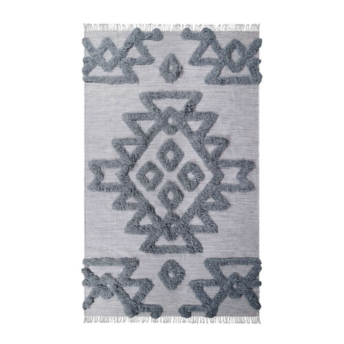 4' X 6' Silver And Grey Wool Geometric Flatweave Handmade Stain Resistant Area Rug With Fringe (487294)
