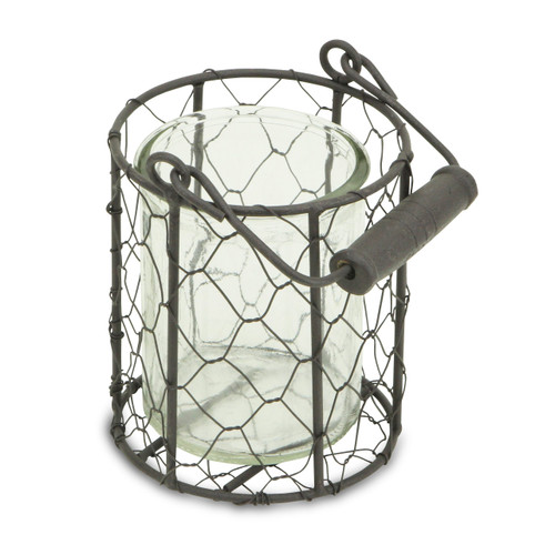 4" Brown And Clear Wire Basket And Glass Jar (488158)