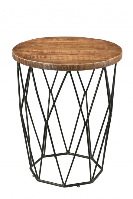 24" Black And Natural Brown Solid Wood And Iron Round End Table (488535)