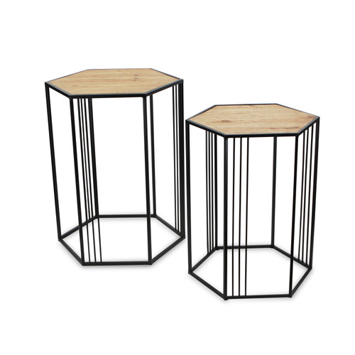 Set Of Two 24" Black And Brown Solid Wood And Steel Hexagon Nested Tables (489328)