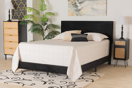 Abberton Modern And Contemporary Black Velvet And Gold Metal Queen Size Panel Bed Abberton-Black Velvet-Queen