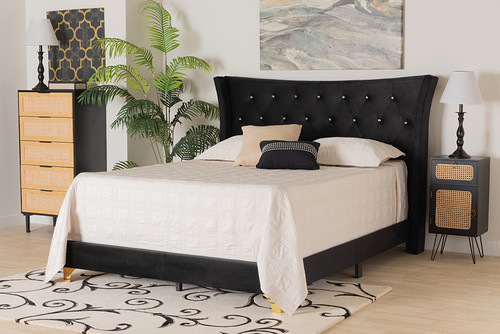 Easton Contemporary Glam And Luxe Black Velvet And Gold Metal Queen Size Panel Bed Easton-Black Velvet-Queen