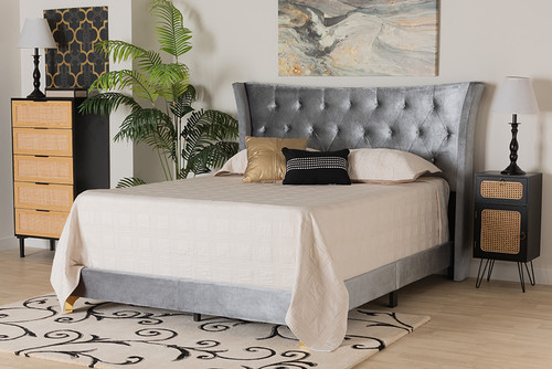 Easton Contemporary Glam And Luxe Grey Velvet And Gold Metal Queen Size Panel Bed Easton-Grey Velvet-Queen