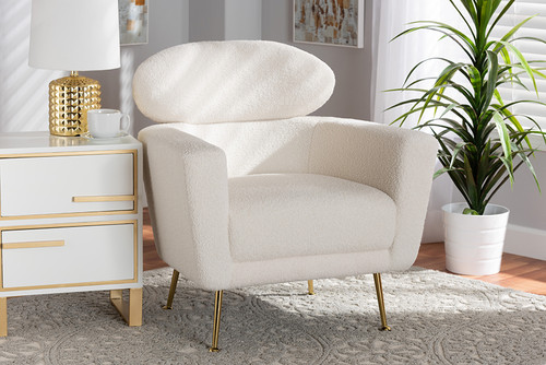 Fantasia Modern And Contemporary Ivory Boucle Upholstered And Gold Metal Armchair 222-Beige-CC