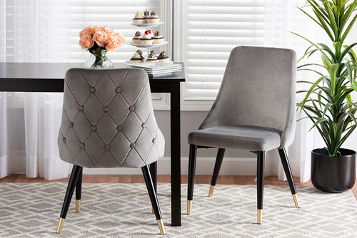 Giada Contemporary Glam And Luxe Grey Velvet Fabric And Dark Brown Finished Wood 2-Piece Dining Chair Set WI-12382-Grey Velvet-DC