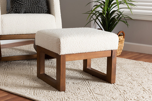 Yashiya Mid-Century Modern Off-White Boucle Upholstered And Walnut Brown Finished Wood Ottoman Footstool BBT5200-Cream/Walnut-Stool