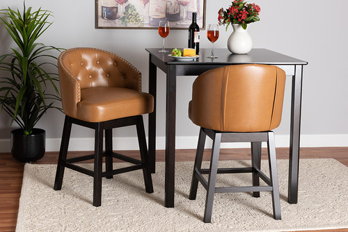 Theron Mid-Century Transitional Tan Faux Leather And Espresso Brown Finished Wood 2-Piece Swivel Counter Stool Set BBT5210C-Tan/Dark Brown-CS