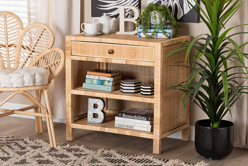 Bella Modern Bohemian Natural Brown Mahogany Wood And Natural Rattan 1-Drawer Console Table Bella-Mahogany-Console