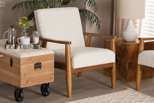 Stratton Mid-Century Modern Cream Boucle Fabric And Walnut Brown Finished Wood Armchair BBT8013.16-Maya-Cream/Walnut-CC