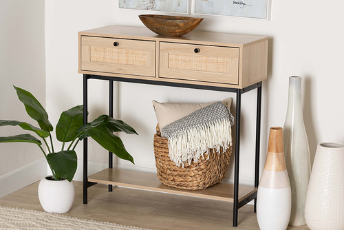 Sherwin Mid-Century Modern Light Brown And Black 2-Drawer Console Table With Woven Rattan Accent SR221178-Wooden/Rattan-Console Table
