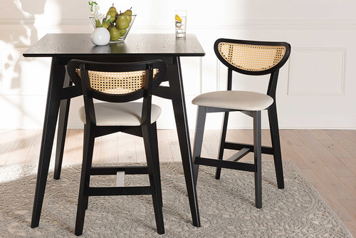 Dannell Mid-Century Modern Cream Fabric And Black Finished Wood 2-Piece Counter Stool Set CS003P-Black/Cream-PC-2PK