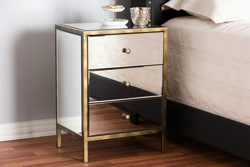 Nouria Modern And Contemporary Hollywood Regency Glamour Style Mirrored 3-Drawer End Table RTB1368-1