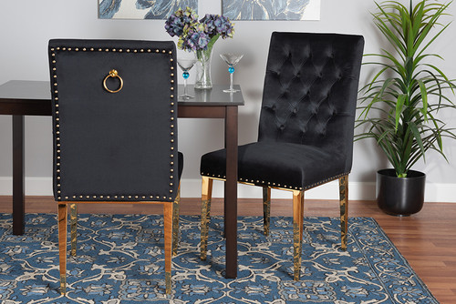 Caspera Contemporary Glam And Luxe Black Velvet Fabric And Gold Metal 2-Piece Dining Chair Set F457-Black Velvet-DC