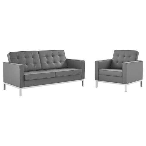 Loft Tufted Upholstered Faux Leather Loveseat And Armchair Set EEI-4102-SLV-GRY-SET