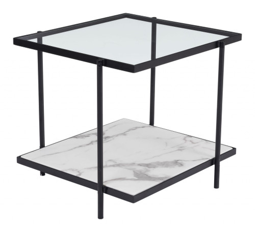 24" X 22" X 22" Clear, White & Matte Black, Tempered Glass, Faux Marble, Steel, End Table (364439)