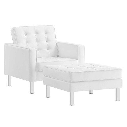 Loft Tufted Vegan Leather Armchair And Ottoman Set - Silver White EEI-6409-SLV-WHI-SET