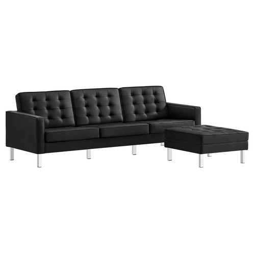 Loft Tufted Vegan Leather Sofa And Ottoman Set - Silver Black EEI-6410-SLV-BLK-SET