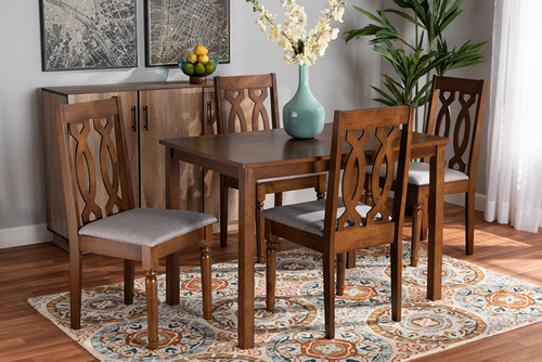 Cherese Modern and Contemporary Grey Fabric Upholstered and Walnut Brown Finished 5-Piece Wood Dining Set RH334C-Grey/Walnut-5PC Dining Set