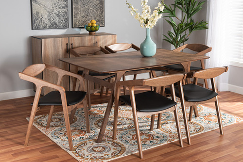 Harland Mid-Century Modern Black Faux Leather Upholstered and Walnut Brown Finished Wood 7-Piece Dining Set RDC809B-AC-Black/Walnut-7PC Dining Set