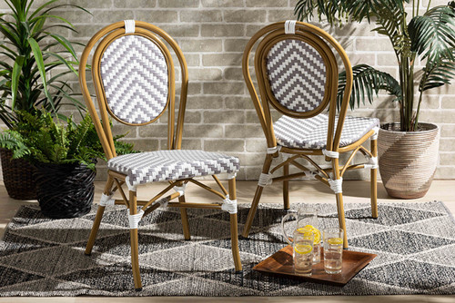 Alaire Classic French Indoor and Outdoor Grey and White Bamboo Style Stackable 2-Piece Bistro Dining Chair Set WA-4094V-White/Grey-DC