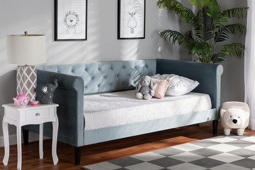 Cora Modern and Contemporary Light Blue Velvet Fabric Upholstered and Dark Brown Finished Wood Twin Size Daybed Cora-Light Blue Velvet-Daybed-Twin